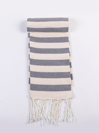 Broad, evenly striped  cream and grey 100% cotton hammam towel.
